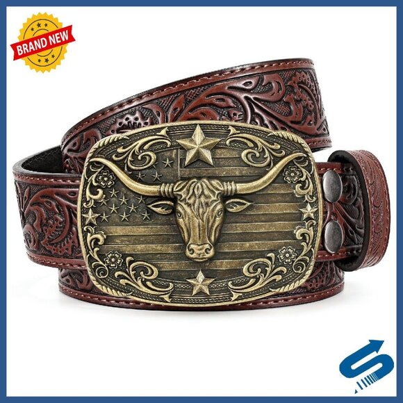 Western Cowboy Belt with Bull Buckle, Split Leather, 1.5\